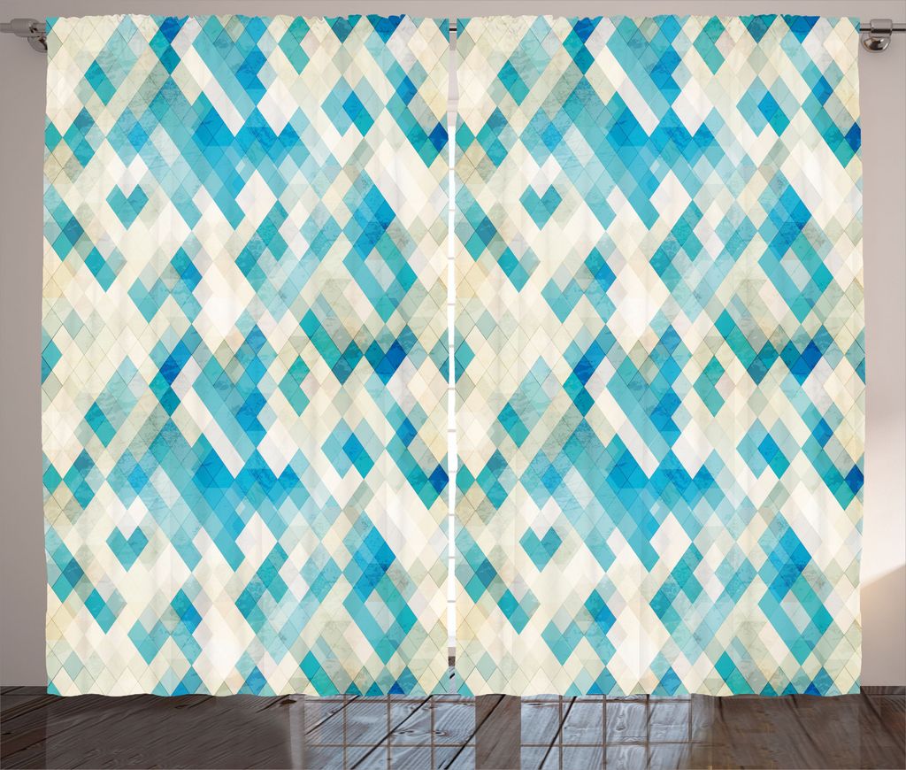 ABAKUHAUS Blau Rustikaler Gardine, Hexagonal Abstrakt Grunge, Schlafzimmer Kräuselband Vorhang mit Schlaufen und Haken, 280 x 245 cm, Türkis Weiß