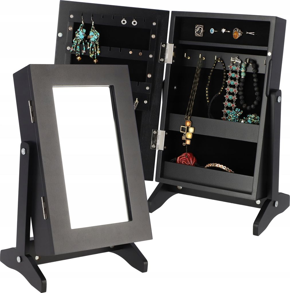 A black jewelry box with a mirror is shown open, displaying various jewelry items.