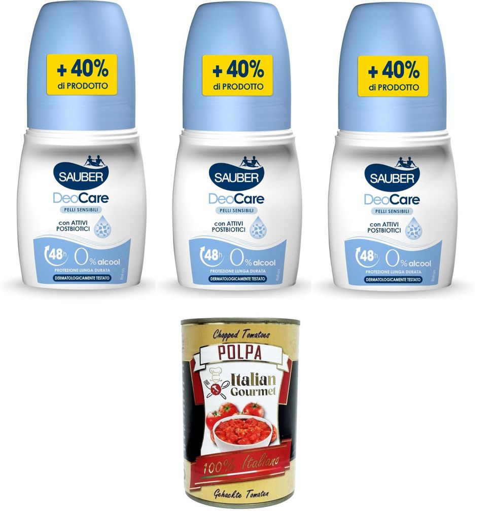 Sauber DeoCare Pelli Sensibili Roll-on DeoCare Sensitive Skin Roll-on 3 x 70 ml+ Italian Gourmet polpa 400g