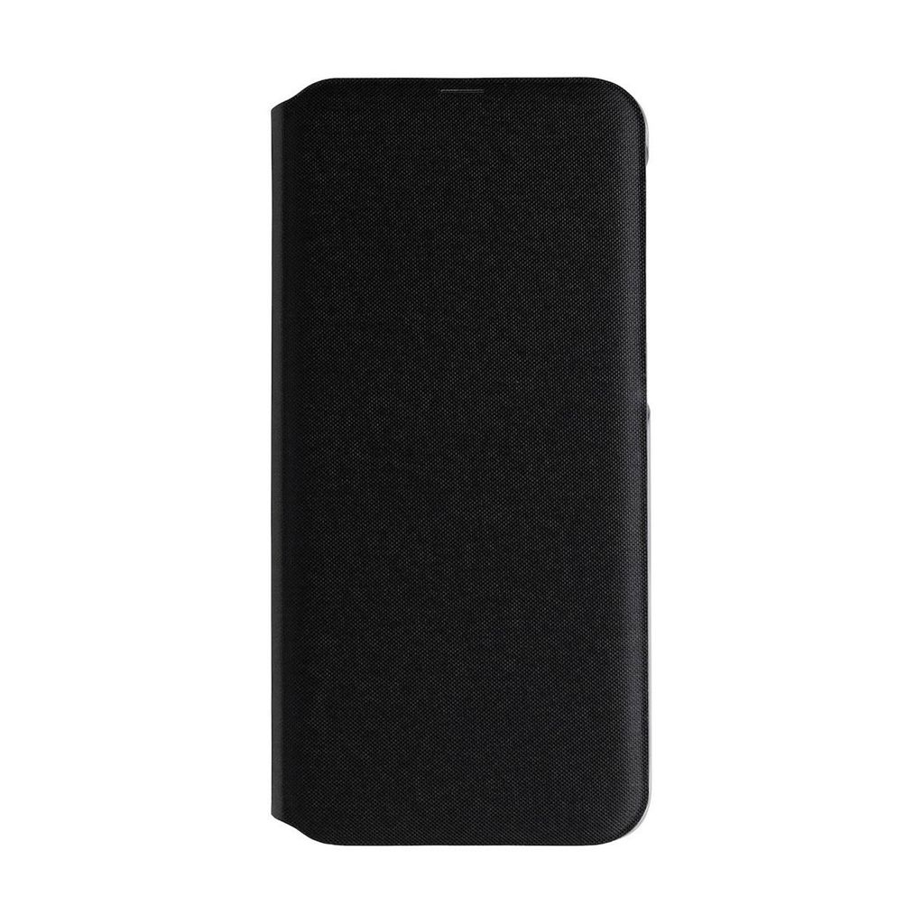 A black flip case for a smartphone, shown from the front.