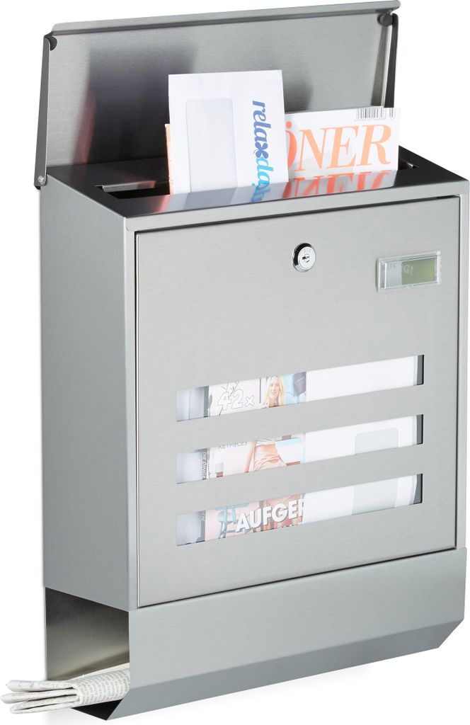 Relaxdays Briefkasten Edelstahl mit Zeitungsfach, Produktbild 