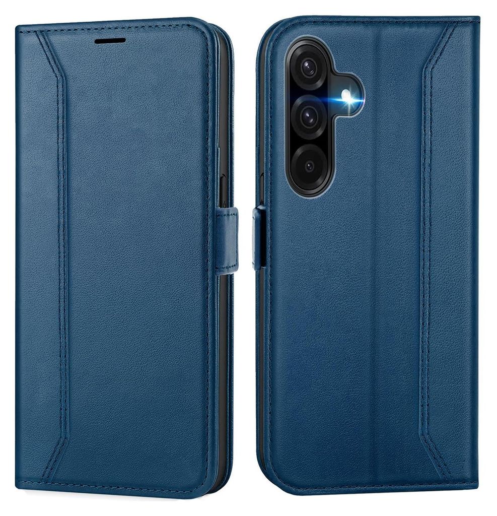 A blue flip case for a Samsung Galaxy A17 5G phone is shown from two angles.