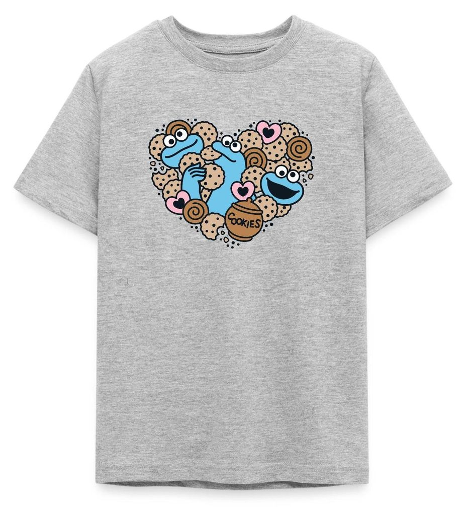 Spreadshirt Sesamstraße Herz Mit Krümelmonster Teenager T-Shirt, 134/146 (9-11 Jahre), Grau meliert