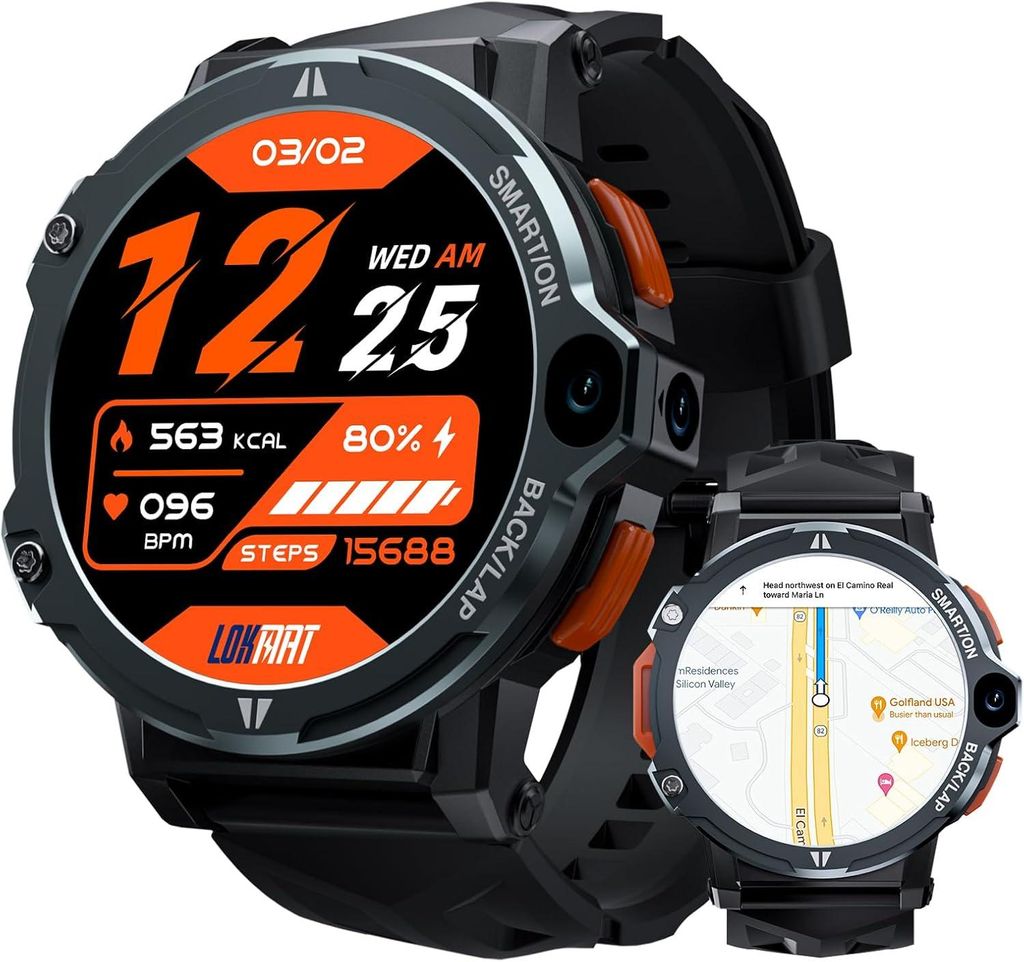 LOKMAT Smartwatch 4G mit Dual Kamera Telefonfunktion Android 8.1 GPS Fitness Tracker WiFi Apps Spiele Fitnessuhr für Damen Herren