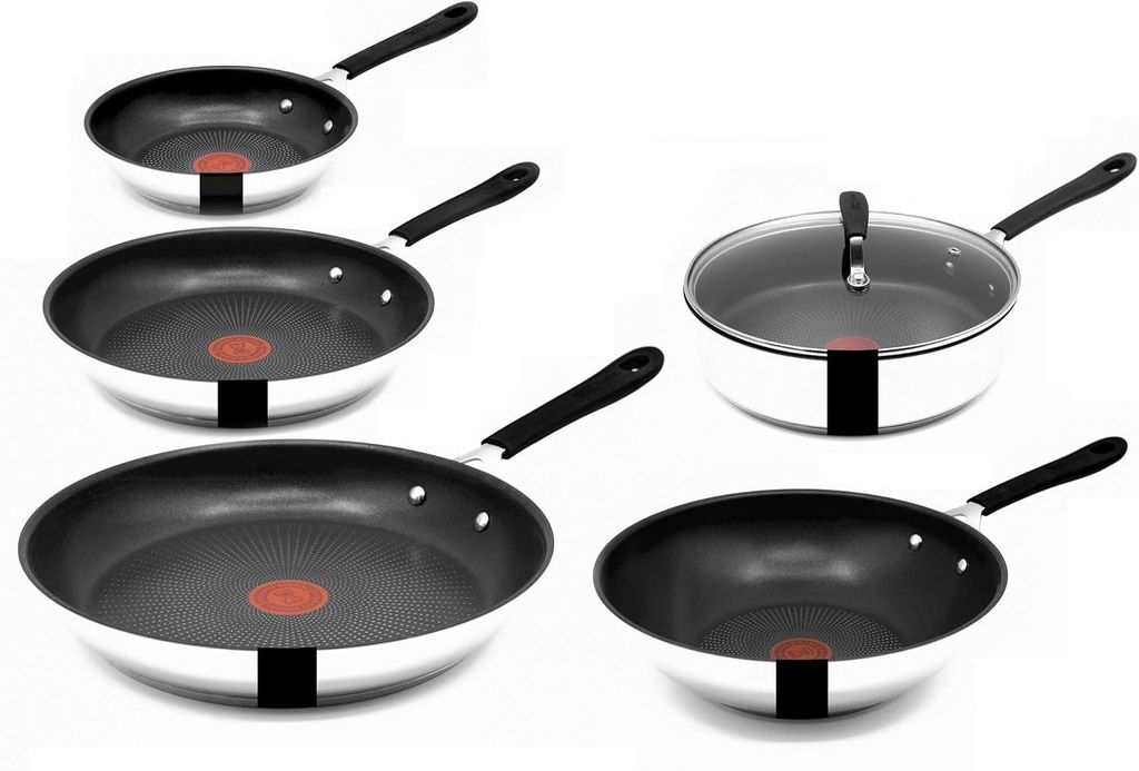 Tefal Jamie Oliver Pfannenset Pfanne 20+24+28cm, Wok28cm, Schmorpf 25cm mit Deckel Induktion, Edelstahl, Antihaft Beschichtet, Pfannen Hoher Rand