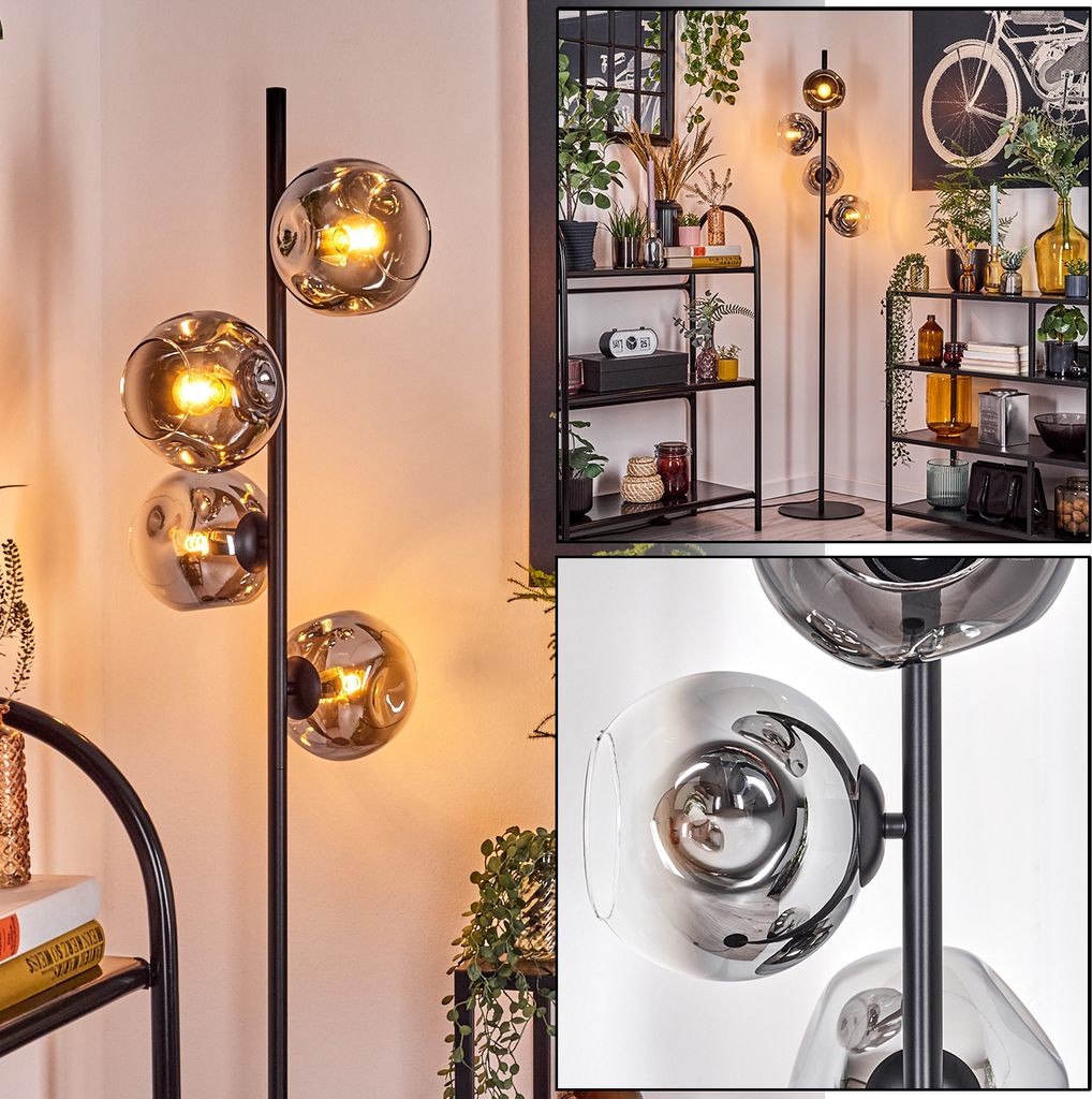 Villamare Stehlampe aus Metall/Glas in Schwarz/Chrom/Rauch/Klar mit Fußschalter