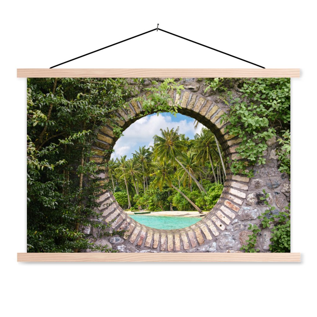 MuchoWow Textilposter Durchblick - Palme - Tropen - Strand - Meer 60x40 cm mit holzfarbenen Rahmen - Bilder