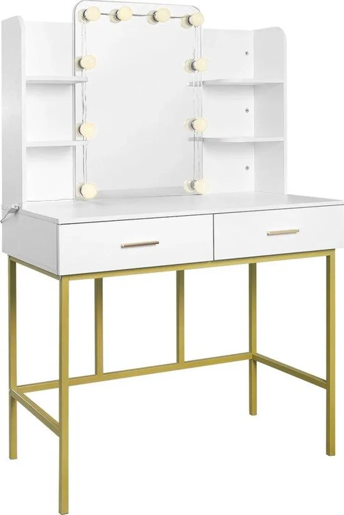 Coiffeuse lumineuse LED grand miroir et double tiroir en bois