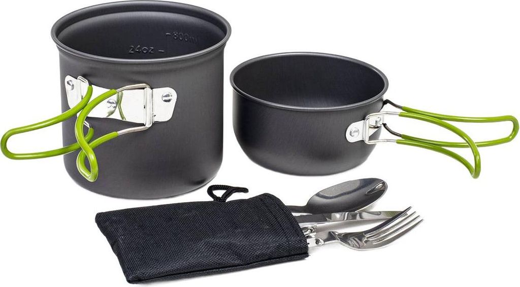 Kochgeschirr-Set Camping Outdoor Grün, Aluminiumtopf und Pfanne mit Besteck