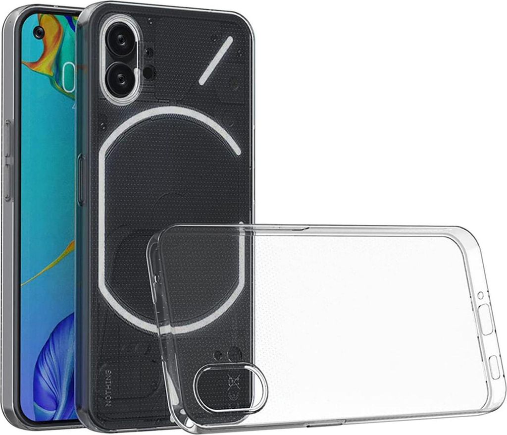 A transparent phone case is shown next to a phone.