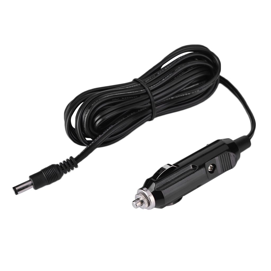 A black power adapter cable with a car cigarette lighter plug on one end and a DC barrel connector on the other, coiled on a white background.