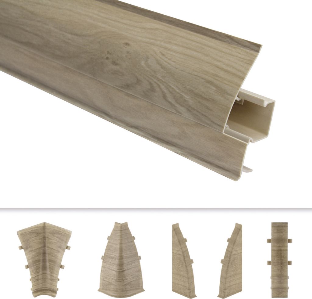 LEMAL Sockelleisten und Zubehör - PVC Fußleisten 60x26mm mit Kabelkanal - (1 Endkappe links, EKL.8698 Holzoptik Esche) Bodenleiste Teppichleiste ...