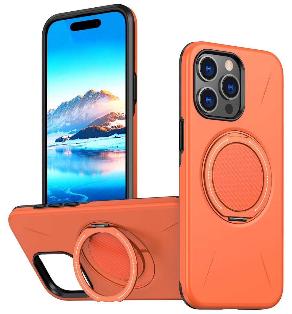 Magnetisch Hülle für iPhone 14 Pro Max, Stoßfeste Weich TPU und Hard PC Schutzhülle mit Ringhalter Ständer Orange