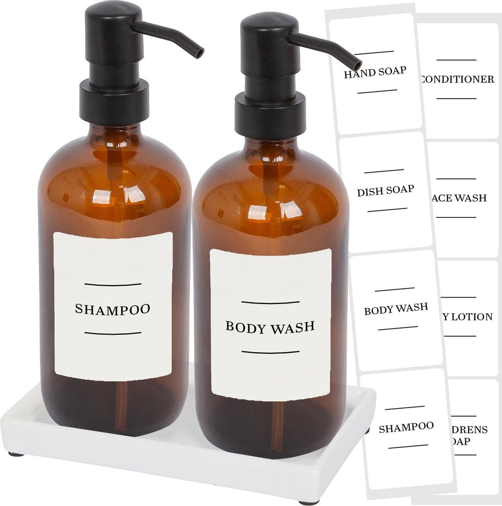 Harbor Housewares 2-teiliges Seifenspender-Set aus Glas mit Keramikschale und Etiketten – 500 ml – Bernstein/Weiß