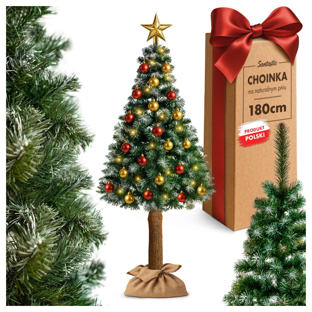 A decorated artificial Christmas tree with a brown trunk and a jute sack base, presented alongside its packaging box and a partial view of another Christmas tree.