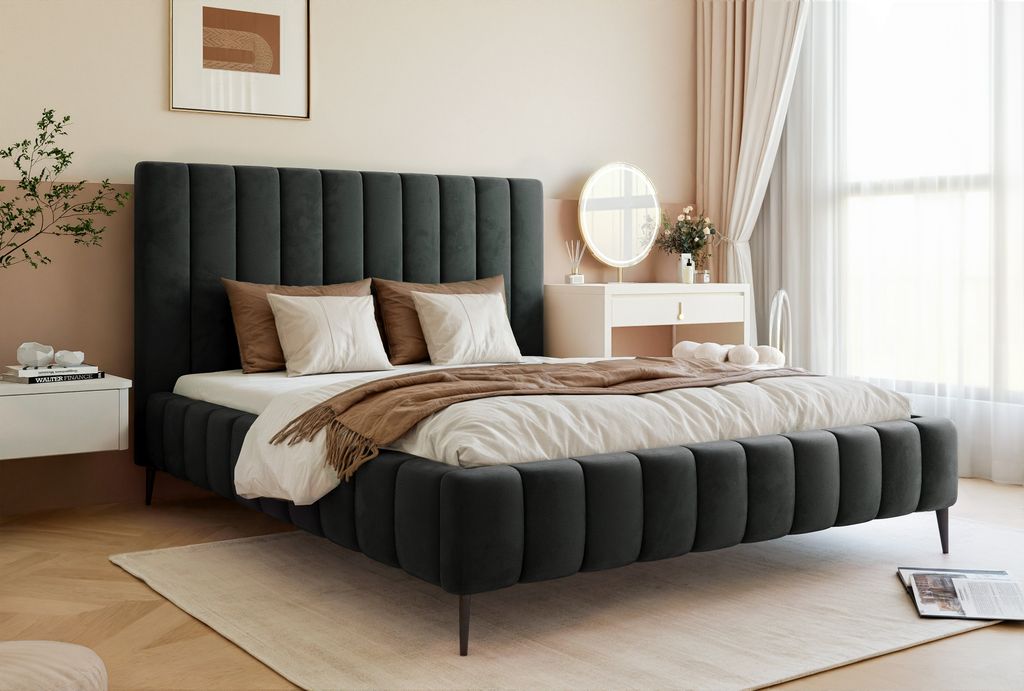 Besilio Möbel - Doppelbett 200x200 Tina II Slim Samtstoff - Designer-Bett mit Lattenrost, Kopfteil & Bettkasten - Schwarz & Velluto 20