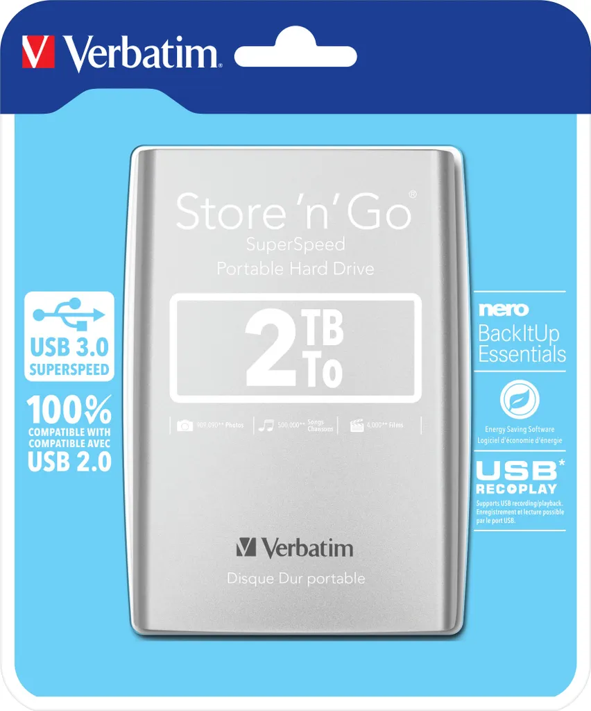 Hard Disk Esterno 2TB Verbatim Store n Go USB 3.0 Silver - 53189