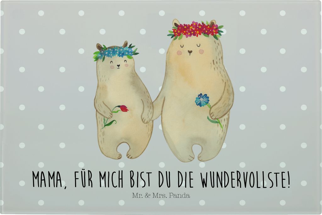 Mr. & Mrs. Panda Frühstücksbrett Bären mit Blumenkranz - Grau Pastell - Geschenk, Glas Schneideplatte, Kinder, Brotzeitplatte, Muttertag, Liebli...
