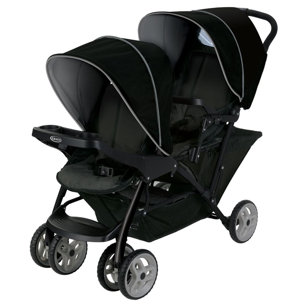 A black Graco Stadium Duo double stroller is shown against a white background.