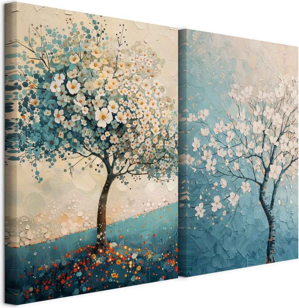 murando - Akustikbild XL Set Baum mit Weißen Blüten Kunstdruck auf Leinwandbild 80x60cm 2 Teilig je 40x60cm Collage 2er Kunst Wandpaneele Schalld...