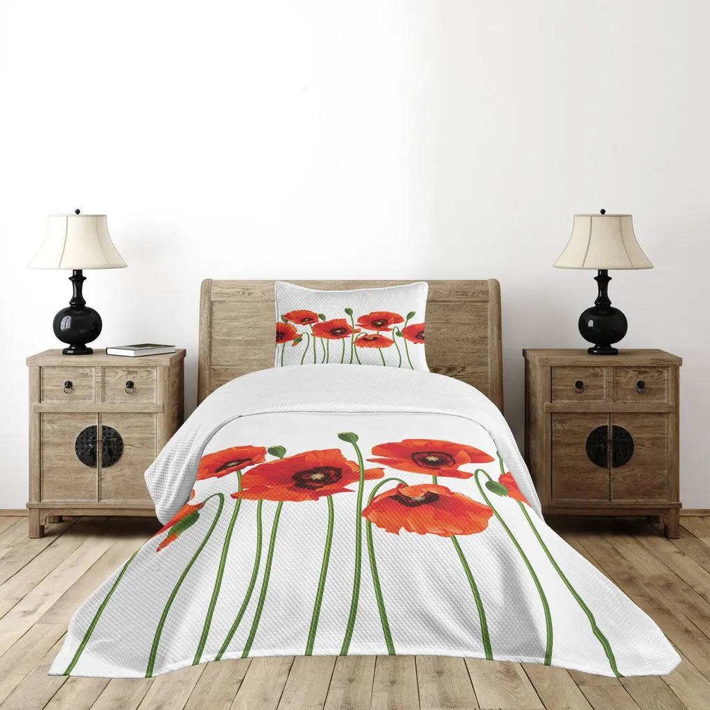 Set copriletto ABAKUHAUS, papaveri primaverili, bouquet floreale pastorale, tema naturale, 170 x 220 cm, rosso e verde