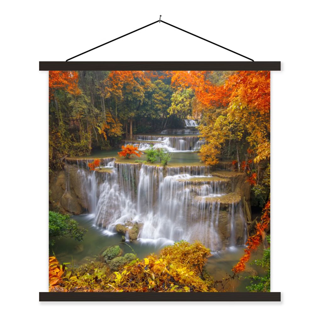 MuchoWow Textilposter Bäume - Wasserfall - Herbst 90x90 cm mit schwarzem Rahmen - Magnetisches