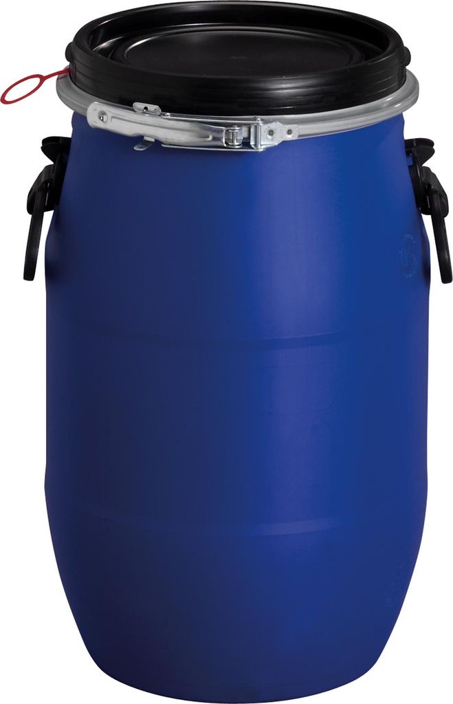 A blue plastic barrel with a black lid and metal clasps.