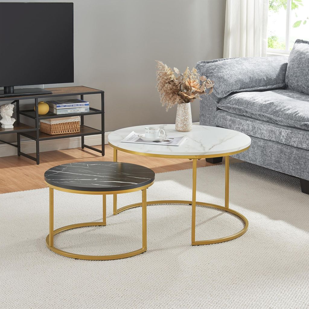 Couchtisch ’Christchurch’ 2er Set Satztisch Metallgestell Marmoroptik, Weiß/Schwarz/Gold