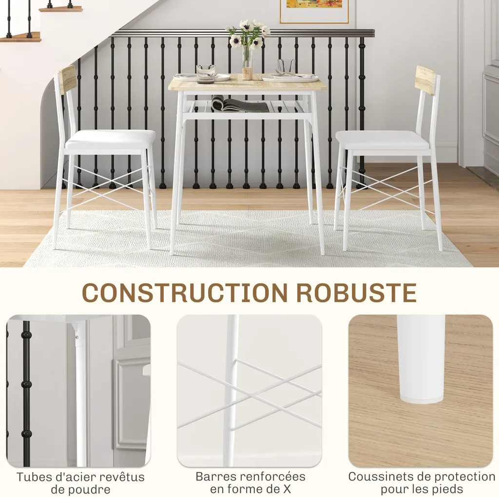 Ensemble table et chaises de cuisine blanc chêne avec structure acier - 9