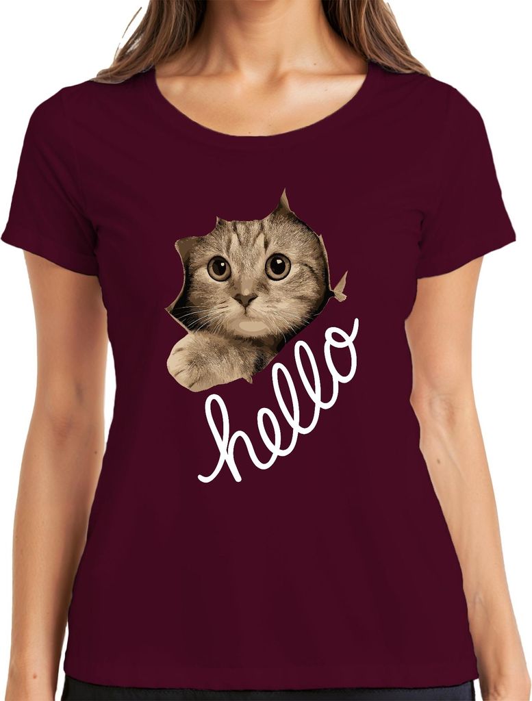 Katzengesicht Kätzchen hello schaut durch Papier niedlich Fan Damen T-Shirt, Burgundy, S