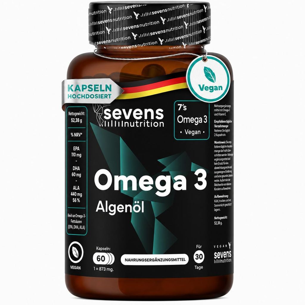 Omega 3 Vegan aus Algenöl Premium - 60 Kapseln - Hochdosiert mit 1000 mg DHA + Vitamin E - Omega-3 Mikroalgenöl für Cholesterin, Gehirn, Sehkraft