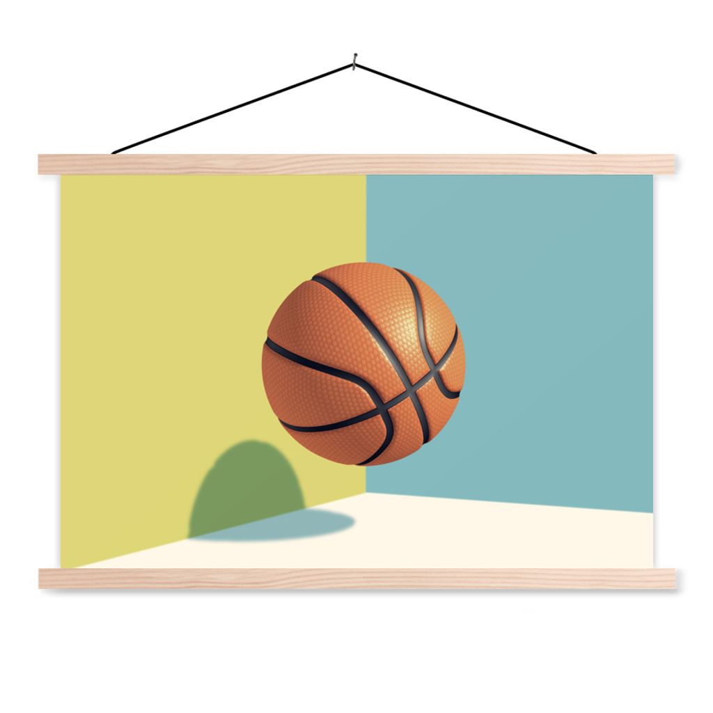 MuchoWow Textilposter Ein Basketball in einer bunten Umgebung 120x80 cm mit holzfarbenen Rahmen - Aufhängeset