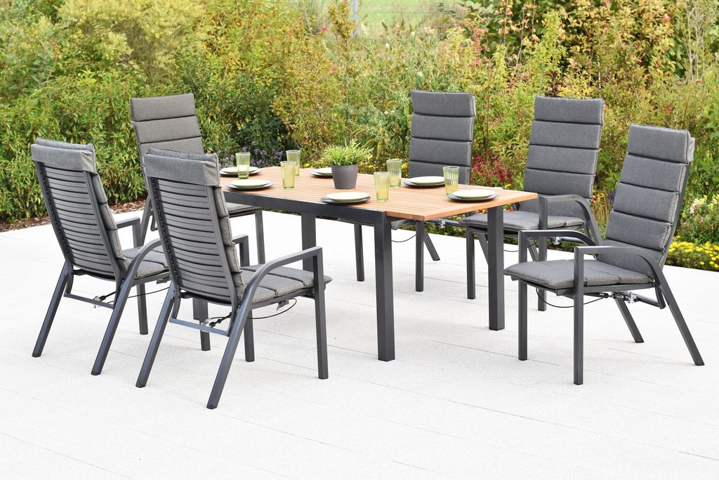 Merxx Gartenmöbel Set Siros 13tlg., 6 Sessel verstellbar durch Gasdruck, 6 Auflagen, Ausziehtisch 150 (200) x 90 cm-Aluminium/Akazie