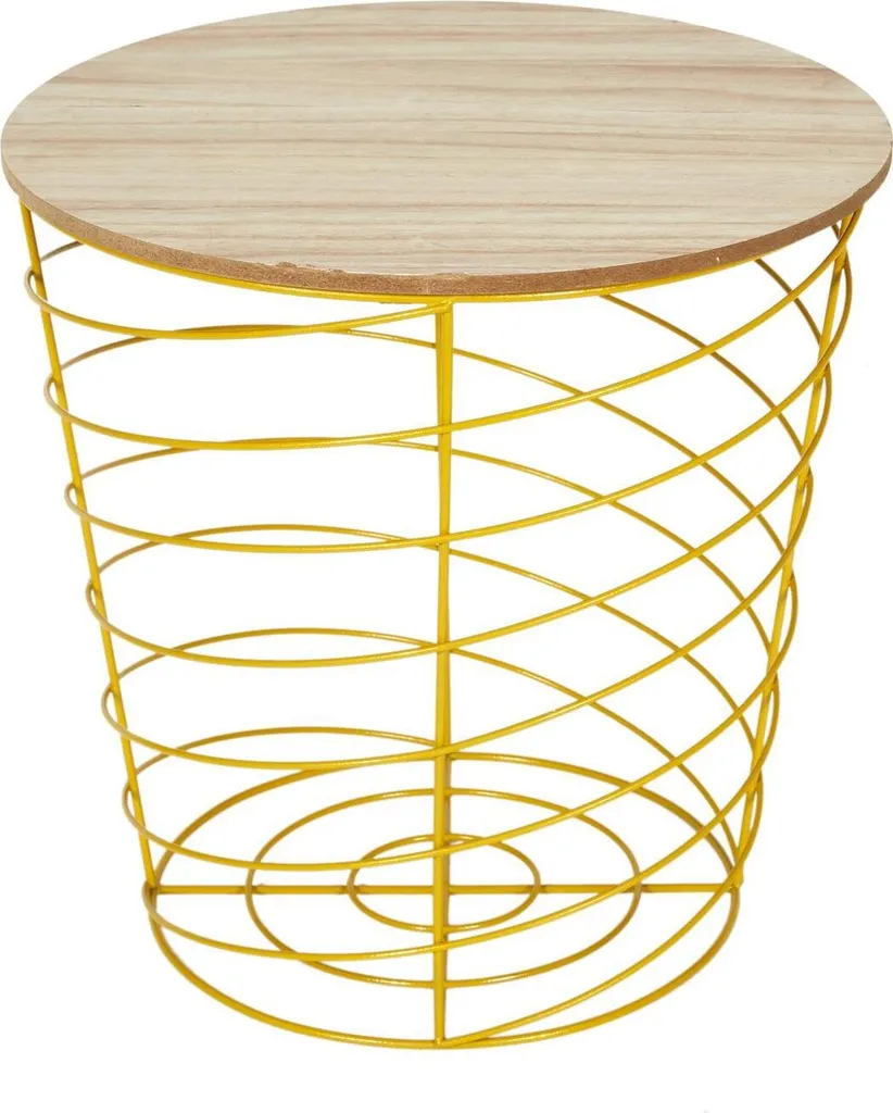 Corbeille de rangement et table basse 2-en-1 en métal jaune et bois 40cm