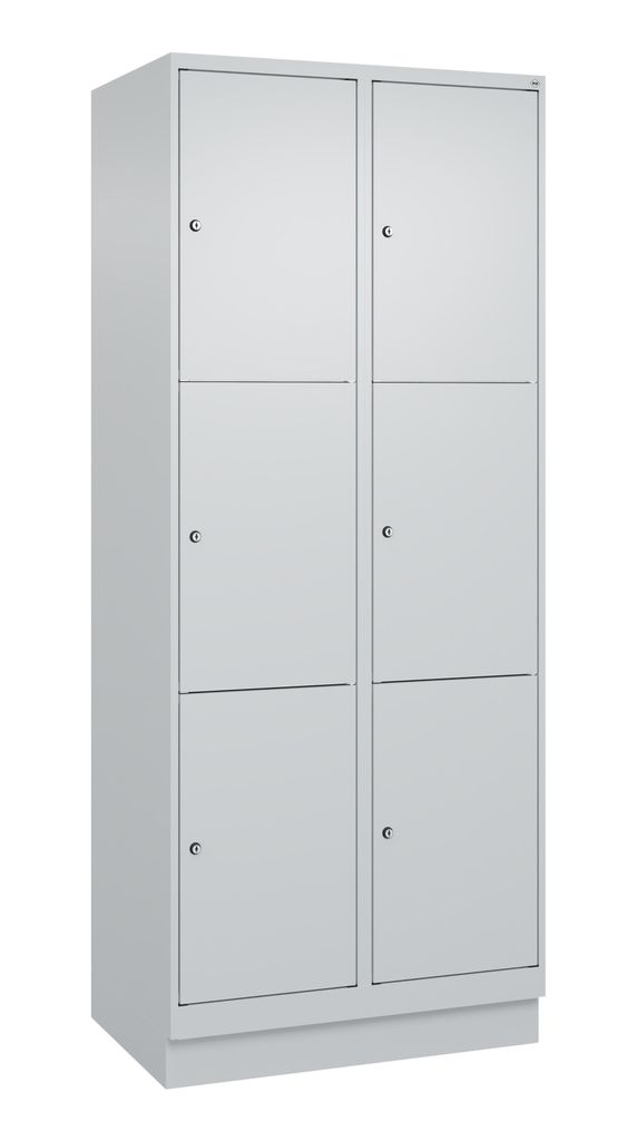 Fächerschrank, BxTxH 800x500x1950 mm, 2x3 Fächer, Abt.B 400 mm, Sockel, Schloss, glatte Türen, RAL 7035