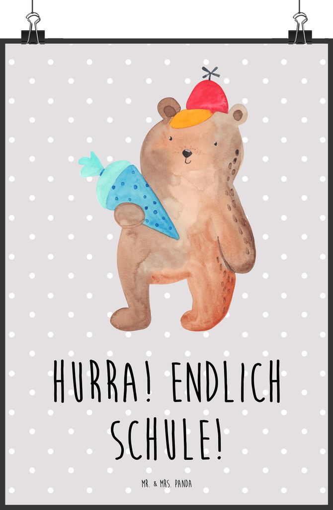 Mr. & Mrs. Panda Bild Bär Schultüte DIN A2 - Grau Pastell - Geschenk, wanddeko, Einschulung, Kunstdruck, Schulbeginn, Plakat, drucke, Grundschule...