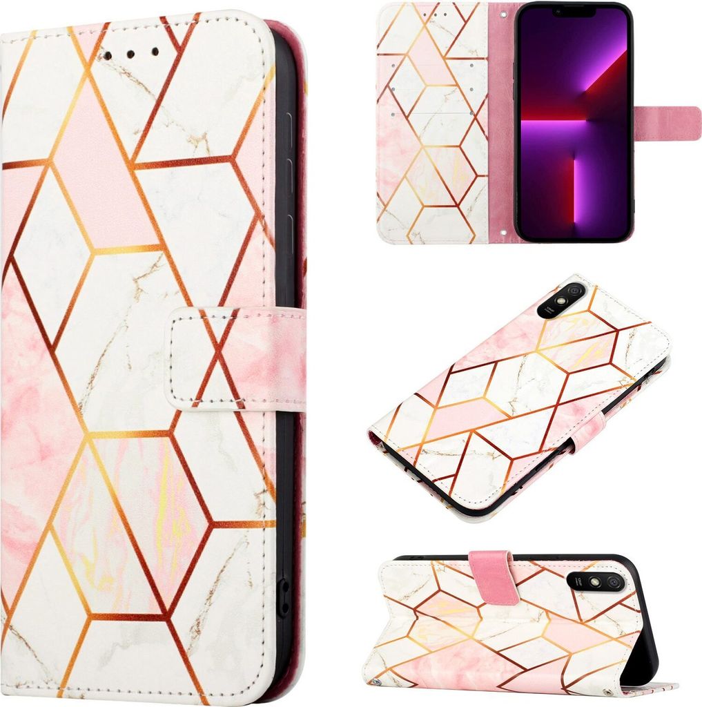 Redmi 9A Hülle, Marmor Motiv Kunstleder Tasche Wallet Kartenfächer mit Standfunktion Klapp Schutzhülle für Xiaomi Redmi 9A Roségold