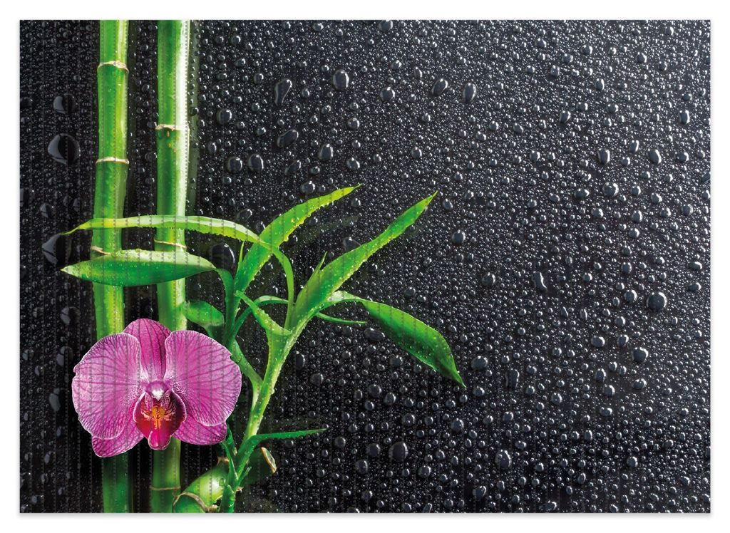 Wallario Duschmatte Antirutschmatte Badmatte Fußmatte Bambus und pinke Orchidee auf schwarzem Glas mit Regentropfen, Größe ca. 70 x 50 cm