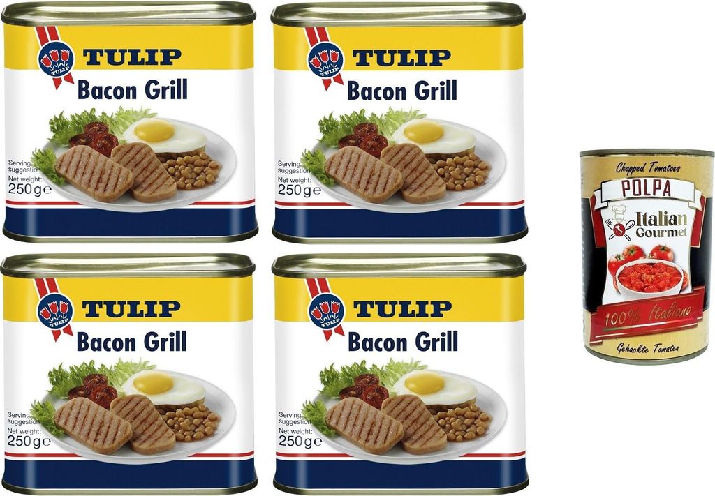 Tulip Bacon Grill Schweinefleischkonserven mit Speckgeschmack 4x 250gr + Italian Gourmet Polpa 400g