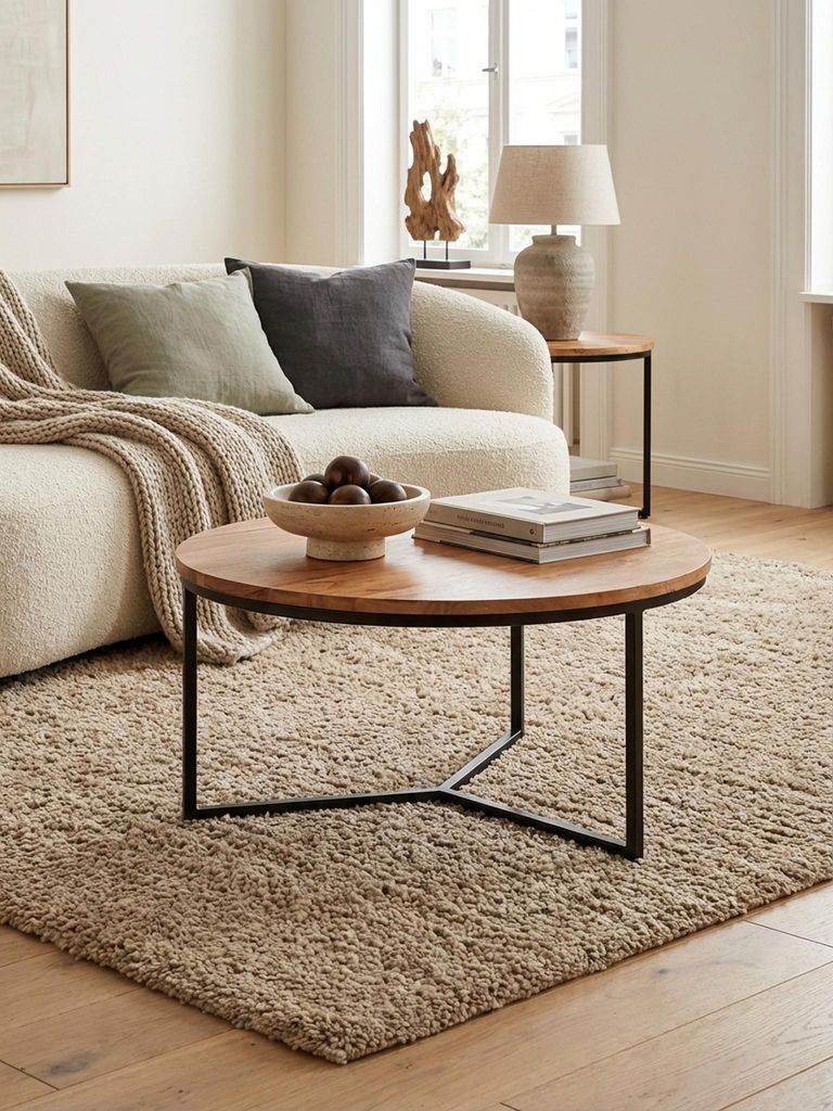 Couchtisch 60x60x38 cm Akazie Massivholz / Metall Design Sofatisch Rund, Wohnzimmertisch Kaffeetisch Massiv, Kleiner Tisch Wohnzimmer