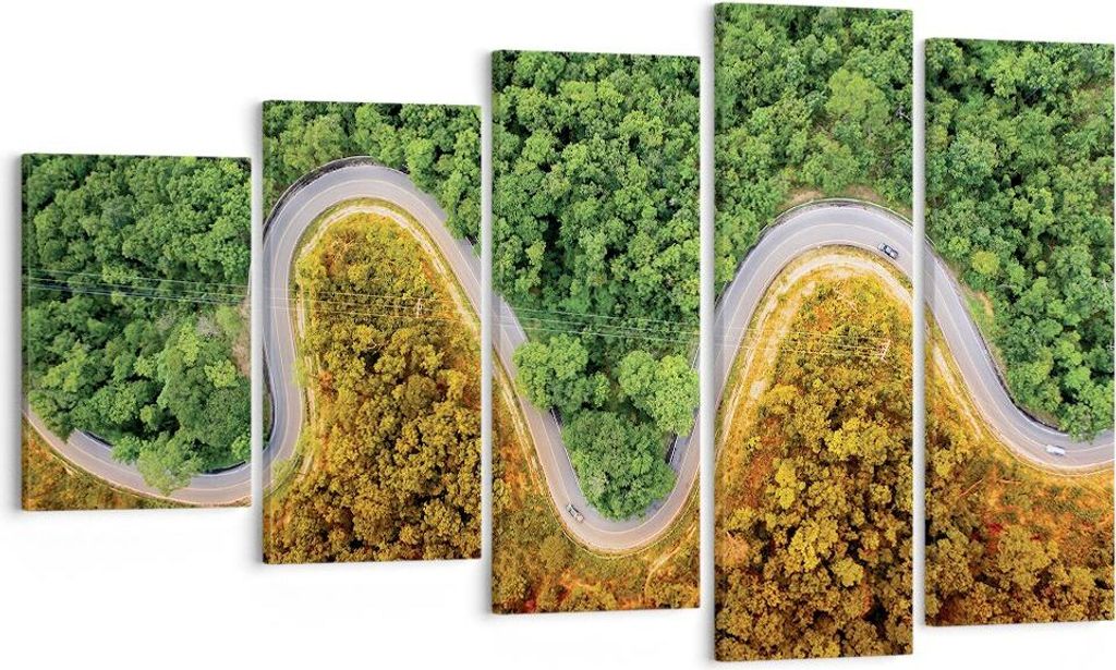 Bild auf Leinwand - Leinwandbild - 5 Teile - Luftaufnahmen Weg Wald - 100x60cm - Wand Bild - Wanddeko - Wandbilder - Leinwanddruck - Bilder - Wandd...