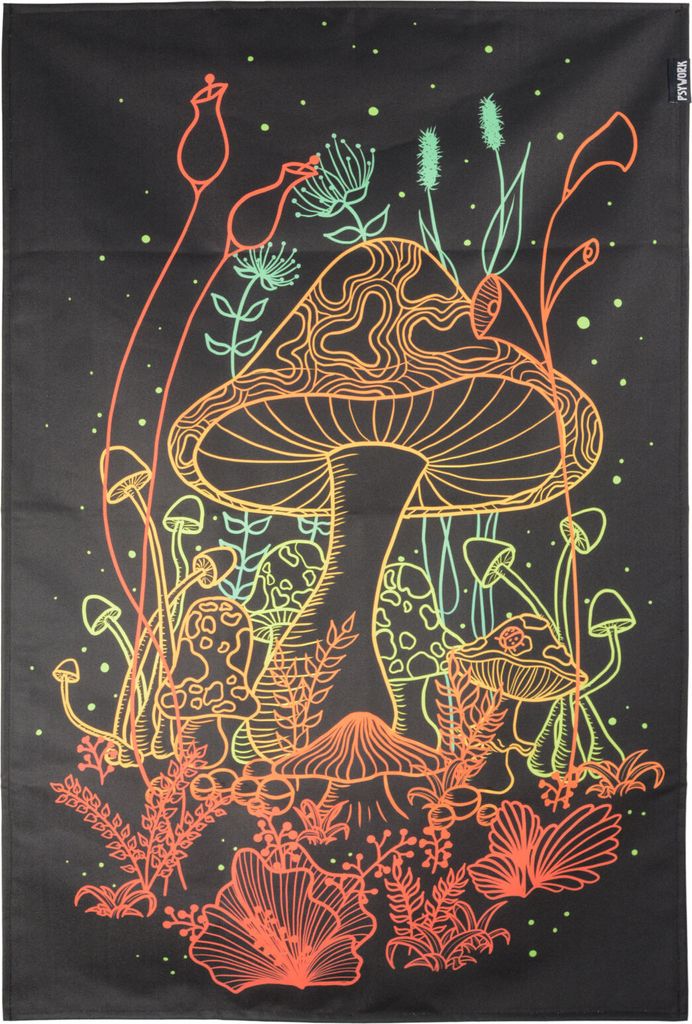 PSYWORK Schwarzlicht Stoffposter Neon Magic Mushroom ChromaDepth, 60x90cm UV-aktiv Wandbehang Fantasy Poster Wandbild Kunstdruck Stoffbild Dekoration