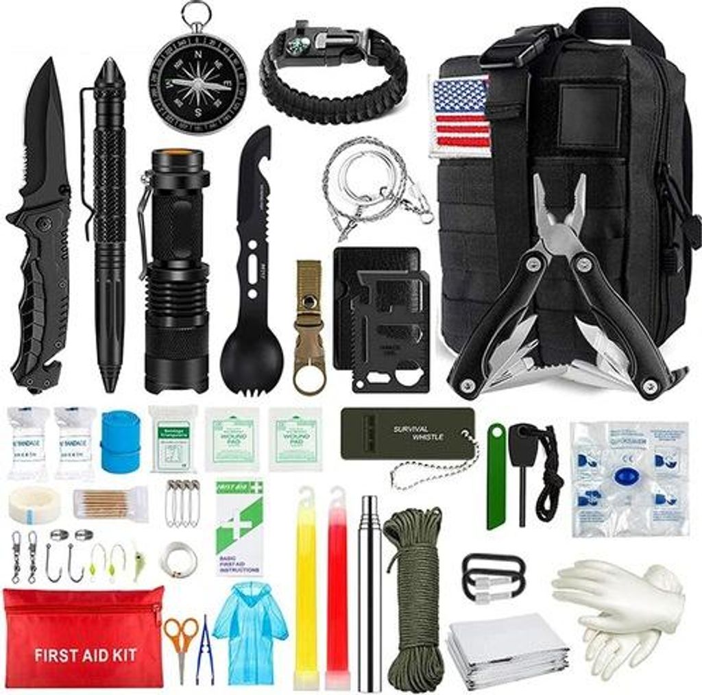 33 Stück Outdoor Notfall Survival Kit, Außen Ausrüstung Multitool für Reiseabenteuer Wandern/Camping/Jagen/Abenteuer,Schwarz