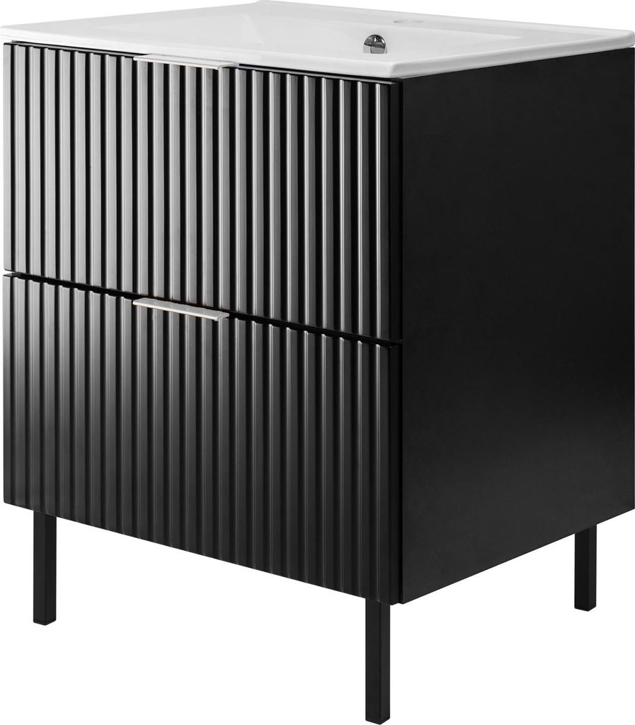 Waschtischunterschrank, Mattweiß, 60 x 77 x 46 cm, silberner Griff, schwarze Beine, ohne Arbeitsplatte