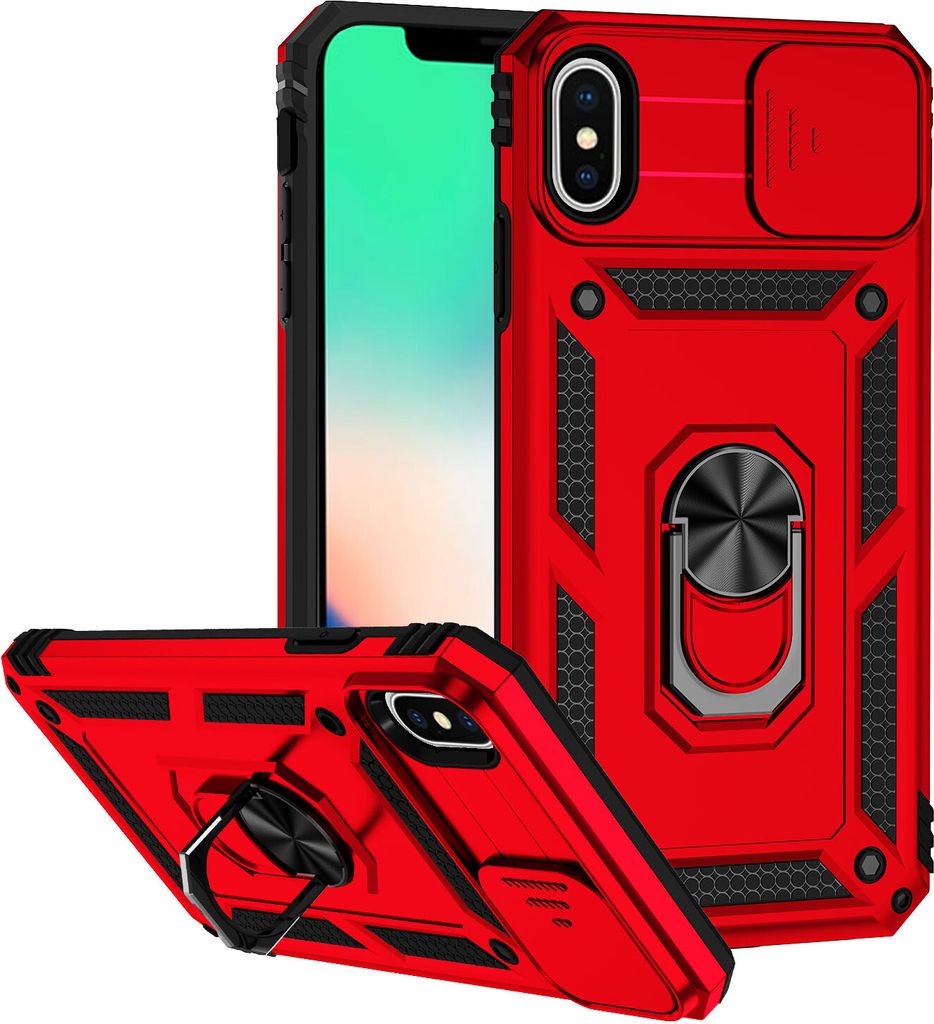 iPhone XS / X Hülle mit Schiebe Kamera Schutz und Ringhalter Ständer Robust Rüstung Schutzhülle für iPhone XS / iPhone X Rot