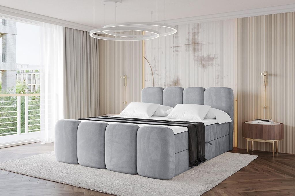 ALTDECOR Boxspringbett mit Fußteil - NINA-Z - 180x200 Grau Monolith- Komplett-Set mit Bonell-Federkernmatratze und Topper, Polsterbett mit H3 Matr...