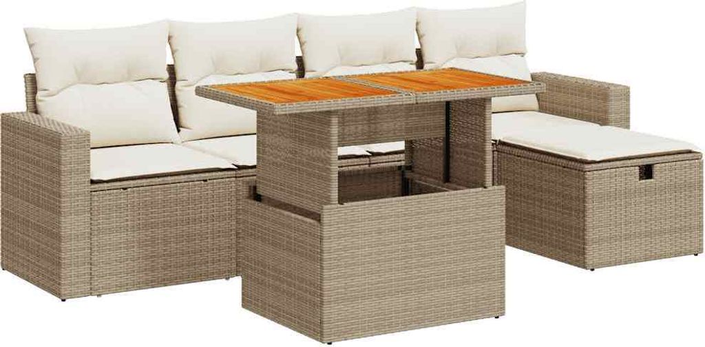 6-tlg. Garten-Sofagarnitur mit Kissen Beige Poly Rattan Akazie