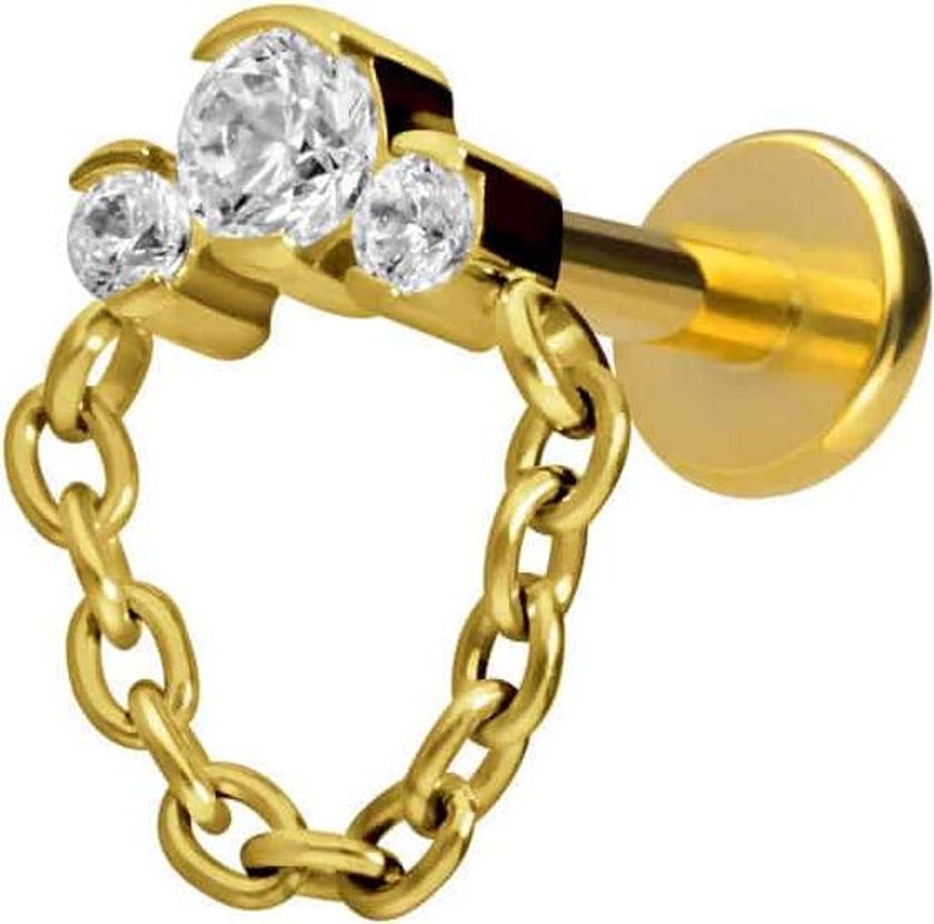 Ohrpiercing, Nasenpiercing Titan Labret mit Innengewinde 3 EINGEFASSTE KRISTALLE + KETTE Gold Stablänge: 6mm | Stabstärke: 1,2mm