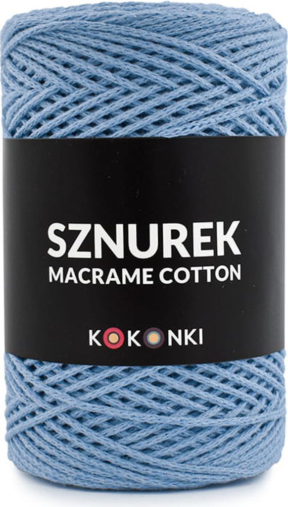 A spool of blue macrame cotton cord with a black label.