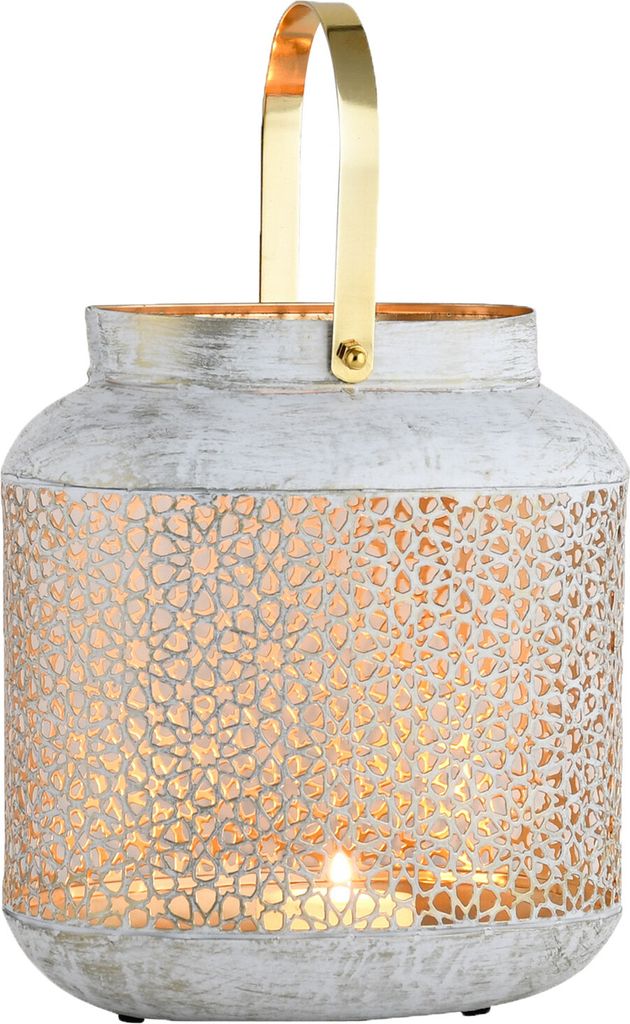 Marrakesch Boho Deko Windlicht Laterne 23cm oval aus Metall in weiß | Teelichthalter als Tischdeko Wohnzimmer Deko | Kerzenhalter Windlichter Ashn...